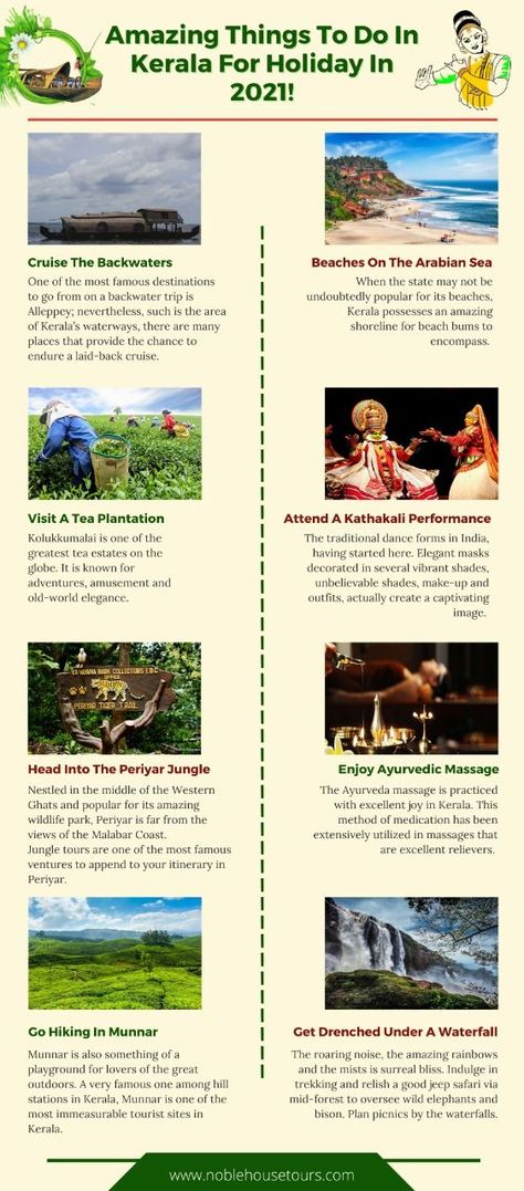 If you planning a trip to Kerala then here know the amazing things to do in Kerala for holiday in 2021. Book your book and explore with family and friends. #noblehousetours #travelinfographic #travelinfographics #tourist #traveler #travelblogger #travelgram #travelholic #traveladdict #travelgram #amazingthings #kerala #india Travel India Beautiful Places, Weather In India, Kerala Travel, Travel Creative, India Travel Guide, Travel Infographic, Tea Estate, Holiday Travel Destinations, Kerala Tourism