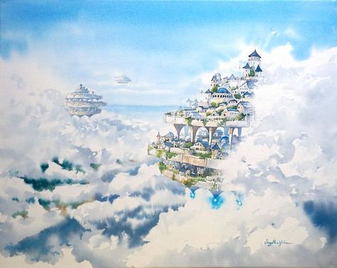 City in the Sky - Almblade_Art Sky City Fantasy Art, Fantasy Sky City, Greek Cities, Floating Cities, City In The Sky, Fantasy Sky, Sky City, Floating City, City Sky