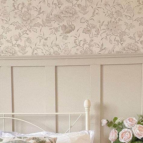 Panel And Wallpaper Bedroom, Neutral Panelling Bedroom, Panelling And Wallpaper Bedroom, Wallpaper And Panelling Bedroom, Wallpapered Bedrooms, Panelled Walls Bedroom, Serenity Wallpaper, Have A Wonderful Evening, Bedding White