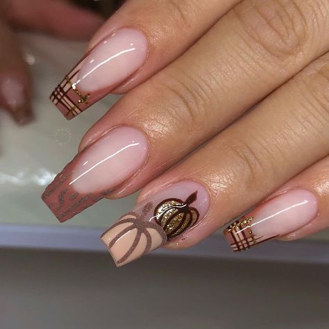 Fall Pumpkin Nails 2024: 25 Creative Ideas for Festive Nails Thanksgiving Nude Nails, Fall Nails With Rhinestones Bling, Almond Nails Designs Autumn, Fall Acrylic Nail Designs 2024, Fall Nails With Gems, Popular Nail Designs 2024, Coffin Fall Nails Designs, Dope Nail Designs Fall 2024, Pink Fall Nails Designs