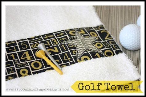 Golf Towel {Tutorial} - A Spoonful of Sugar Diy Golf Gifts, Diy Gift Ideas For Men, Washcloth Elephant, Hand Towel Crafts, Homemade Gifts For Men, Washcloth Crafts, Holiday Hand Towels, Diy Golf, A Spoonful Of Sugar