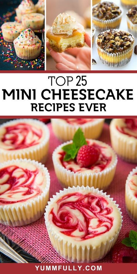 If you’re cooking for a crowd or it’s your turn to bring sweet treats to a party, any of these Mini Cheesecake recipes will win the prize at the dessert table! From fruit-flavored creamy delights to chocolate delicacies, be sure to save one for yourself, because they will definitely disappear before your very eyes! Single Serve Cheesecake Cups, Muffin Cheesecake Recipes, Mini Dessert Cups For Parties, Muffin Pan Cheesecake Recipes, Homemade Mini Cheesecake, Mini Sugar Cookie Cheesecake Cups, Cheesecake For Wedding Reception, Single Serve Christmas Desserts, Mini Cheesecake Flavors