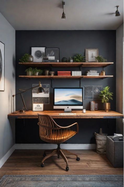 Creative apartment workspace with DIY desk and painted file cabinets Small Office Remodel Ideas, Office Desk Diy Ideas, Diy Basement Office, Budget Office Makeover, How To Make A Desk Diy, Floating Gaming Desk, Work Desk In Bedroom, Diy Home Office On A Budget, Over Desk Wall Decor