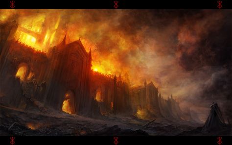 Fantasy Castle  Fantasy Fire Warrior Wallpaper Burning City, Castle Art, City Background, Fantasy Castle, Matte Painting, Fantasy Warrior, Art And Illustration, Fantastic Art, Fantasy Artwork