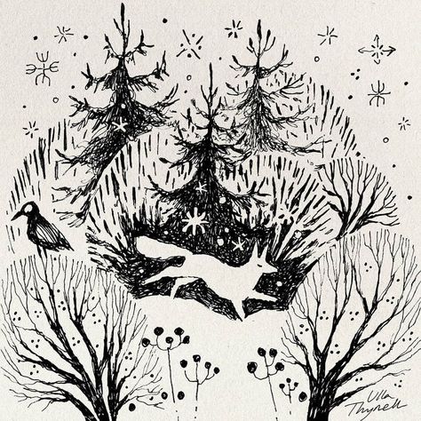 Ulla Thynell shared a photo on Instagram: “❄️✨” • See 1,192 photos and videos on their profile. Ulla Thynell, Winter Illustration, Christmas Card Art, Forest Illustration, Art Block, A Train, Dia De Muertos, Ink Art, Christmas Art