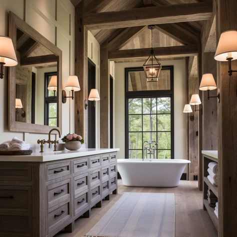 Bring rustic charm into your home with a modern twist.  Blend weathered woods, stone, and industrial metals for a cozy yet chic aesthetic. Juxtapose rustic elements against sleek, modern finishes to create a dynamic living space that's both inviting and stylish. Modern Log Home Bathroom, Mountain House Master Bath, Modern Rustic Master Bath, Modern Lodge Bathroom, Barndominium Master Bath, Rustic Master Bath Ideas, Mountain Modern Bathroom, Log Home Bathroom, Rustic Master Bath