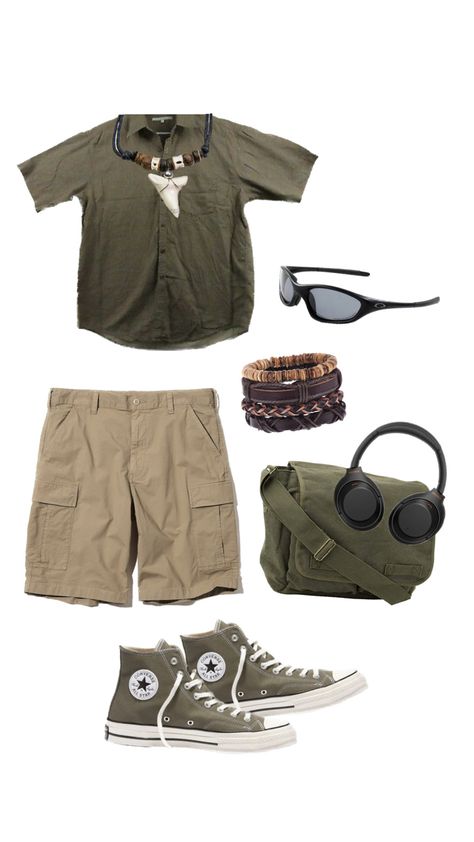 Cargo Shorts Outfit Men Aesthetic, Khaki Shorts Outfit Mens Aesthetic, Baggy Graphic Tee Outfit Men, Boho Aesthetic Outfit Men, Brown Outfit Men Summer, Coastal Outfits Men, Beige Jorts Outfit Idea, Vacation Dadcore Outfits, Cargo Shorts Aesthetic Men