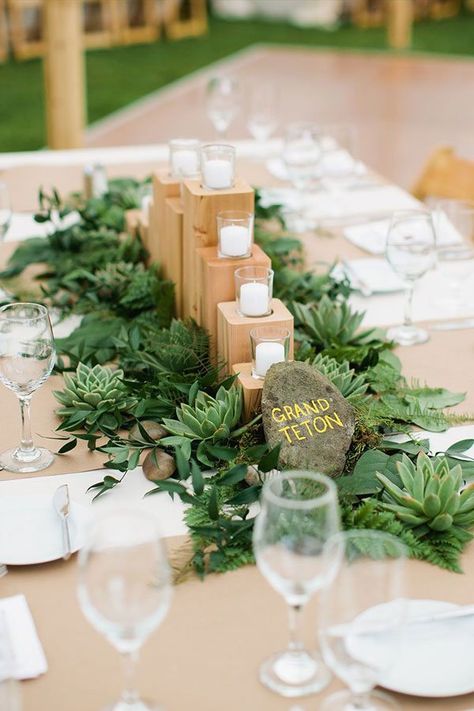 Opt for a spread of succulents paired with wood blocks and simple tea candles for your wedding reception tables. Arizona Autumn, Natural Wedding Centerpieces, Herb Centerpieces, Wedding Decorations Table, Succulent Wedding Centerpieces, Creative Centerpieces, Wedding Plants, Greenery Centerpiece, Wedding Motifs