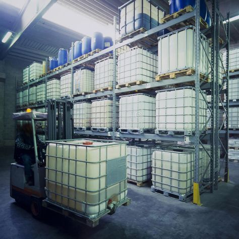 Chemical warehouse. With plastic tank and conveyor royalty free stock photos Warehouse Office Design, Warehouse Office, Plastic Industry, Work Gear, Life Cycle, Mini Cooper, Free Art, Office Design, Art Pictures