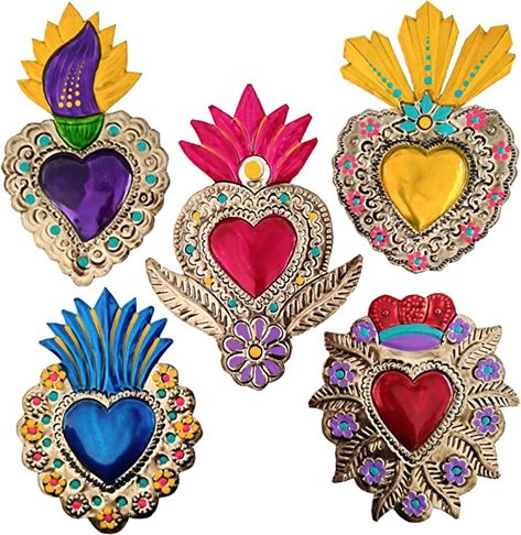 Mexican Hearts Tin Mirrors 5 Pieces Art Wall Decor 6" Milagros Mexicanos Hand Painted Colorful Metal Charms Mexico Decorations -Handmade : Amazon.co.uk: Home & Kitchen Mexico Decorations, Tin Hearts, Milagros Charms, Mexican Folk Art Decor, Sacred Heart Art, Sacred Heart Tattoos, Mexican Wall, Mexican Crafts, Heart Embroidery