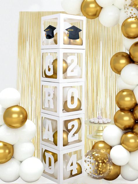 White  Collar  PE   Embellished   Event & Party Supplies Grad Letters, Graduation Decoration Ideas, Balloon Boxes, Girl Graduation Party, Baby Shower Box, Transparent Balloons, Shower Box, Box Decoration, Balloon Box