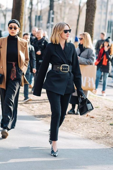 5 Innovative New Ways to Wear Your Blazer This Season | Who What Wear Bag Belt Outfit, Belt And Blazer Outfit, Cinched Blazer Outfit, Blazer With A Belt, Cinched Waist Blazer, Black Belt Bag Outfit, Blazer Belt Outfit, Oversized Blazer With Belt, Blazer With Belt Outfit