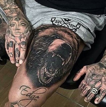 Sick bear tattoo Inner Thigh Tattoo, Inner Thigh Tattoos, Pennywise Tattoo, Upper Leg Tattoos, Tattoos Masculinas, Thigh Tattoo Men, Best Leg Tattoos, Bear Tattoo Designs, Bear Tattoos