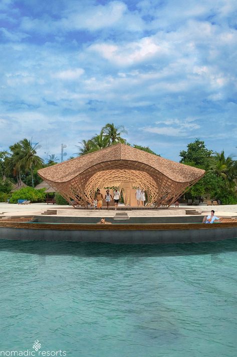 The overwater Sunset Bar that doubles as wedding chapel, will be the iconic centre piece in a redevelopment of a boutique resort in the Maldives. The design is inspired by the sting ray, one of the most iconic fish of the surrounding sea. The structure will be built entirely out of bamboo, one of the world’s most sustainable building materials. Fish Inspired Architecture, Underwater Architecture, Maldives Sunset, Theatre Architecture, Library Plan, Fiji Resort, Bamboo Building, Architecture Portfolio Layout, Theater Architecture