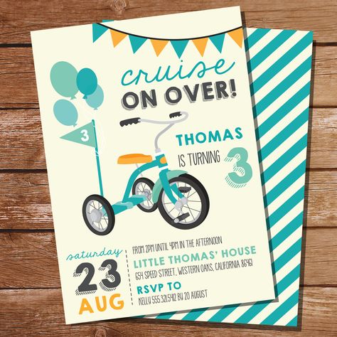 Vintage Tricycle Party Blue Boys Birthday Invitation | Printable Invitations | Pin to your kids party ideas board Bicycle Party, Dirt Bike Party, Pendant Banner, Rocket Party, Red Tricycle, Fireman Party, Fishing Party, Airplane Party, Race Car Party