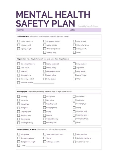 Printable detailed mental health safety plan. Identifying behaviors, triggers, warning signs, interventions, and crisis plan. Mental Health Work Activities, Mental Health Activity Ideas, Crisis Plan, Future Therapist, Mental Health Plan, Safety Plan, Crisis Intervention, Mental Health Crisis, Self Care Bullet Journal