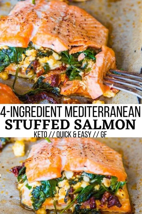 Mediterranean Stuffed Salmon, Salmon With Feta, Stuff Salmon, Pesto Quinoa, Mediterranean Salmon, Crispy Salmon, Stuffed Salmon, Mediterranean Diet Recipes Dinners, Recipes Salmon