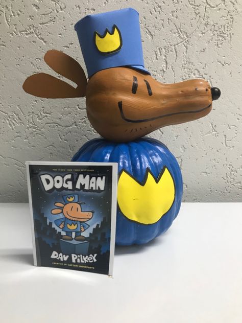 Dog Man Book Report Ideas, Dogman Pumpkin Book Report, Dogman Book Pumpkin, Book Character Pumpkins Dog Man, Pumpkin Paint Book Character, Pumpkin Contest Ideas No Carve Book Characters, Dogman Pumpkin Diy, Diy Pumpkin Book Character, Storybook Pumpkin Decorating Ideas