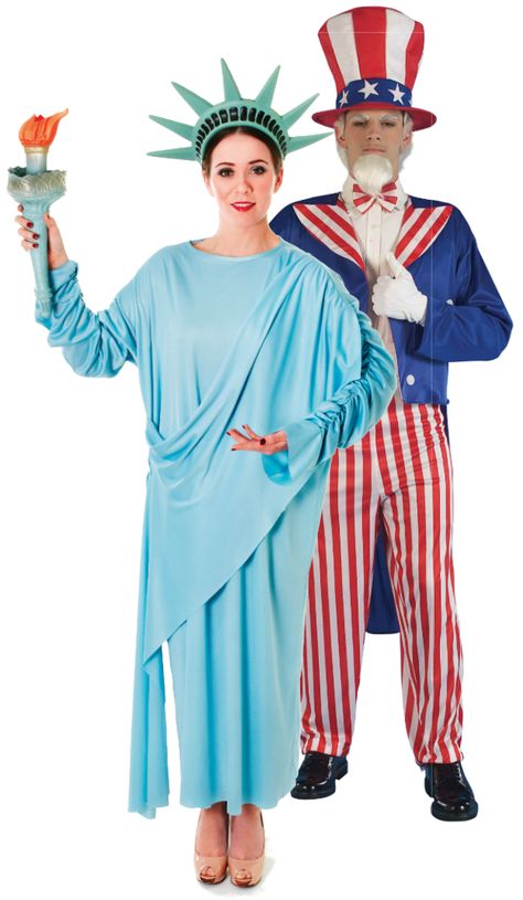 Uncle Sam & Miss Liberty Costumes! Brilliant Couples costumes for the 4th July! Usa Homecoming Theme, American Costume Ideas, Different Countries Costumes, Blue Tailcoat, Statue Of Liberty Torch, Statue Of Liberty Costume, Olympics Costume, New York Theme Party, Couples Fancy Dress