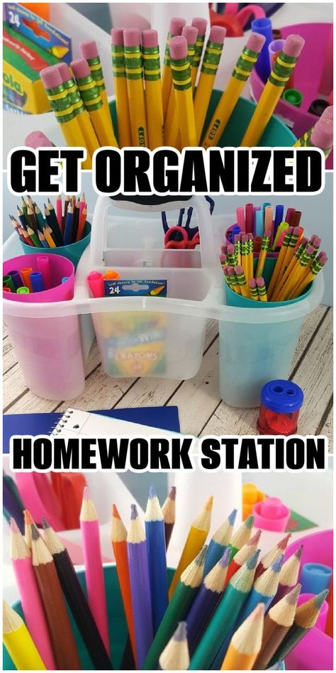 Simplify homework and school projects with this easy homework station supply caddy! Great for homeschooling, too! Homework Station Diy, Homework Caddy, Kids Homework Station, Homework Organization, Homework Helpers, Homework Station, Kids Homework, Back To School Kids, Kids' Desk