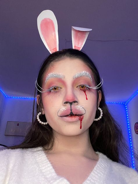 Evil Rabbit Makeup, Scary White Rabbit Costume, Scary Rabbit Costume, Scary Rabbit Makeup, Rat Make Up, Scary Bunny Makeup, Rabbit Makeup Halloween, Bunny Makeup Halloween, Scary Easter Bunny