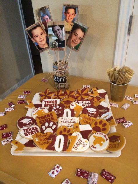 Football Treats, College Grad Party, Cookie Decorating Icing, Kids Graduation, University Graduation, Texas State University, Graduation Cookies, Parenting Done Right, College Kids