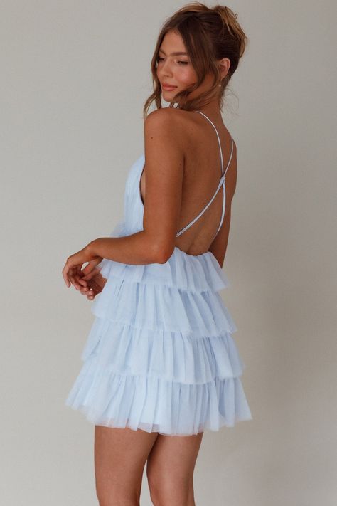 Shop the Auguste Tiered Frill Mini Dress Sky Blue | Selfie Leslie Baby Blue Mini Dress Formal, Flowy Mini Dresses, Tiered Hoco Dress, Short Reception Dresses, Classy Hoco Dresses, Winterball Dresses, Hens Dress, Sisterhood Round, Blue Selfie