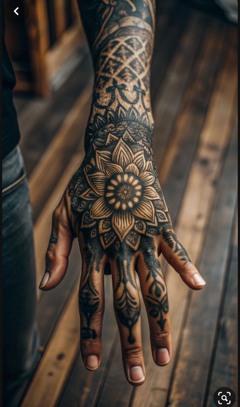 Nordic Hand Tattoos For Guys, Viking Finger Tattoo, Geometric Hand Tattoo Men, Men’s Hand Tattoo, Geometric Hand Tattoo, Hand Cover Up Tattoos, Traditional Hand Tattoos, Tacky Tattoos, Klimt Tattoo