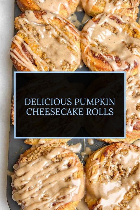 Mouthwatering pumpkin cheesecake cinnamon rolls topped with streusel and pumpkin spice icing perfect for fall cravings. Cheesecake Cinnamon Rolls, Cheesecake Cinnamon, Cheesecake Rolls, Soft Cinnamon Rolls, Cheesecake Mixture, Fluffy Rolls, International Snacks, Unique Food, Cozy Mornings