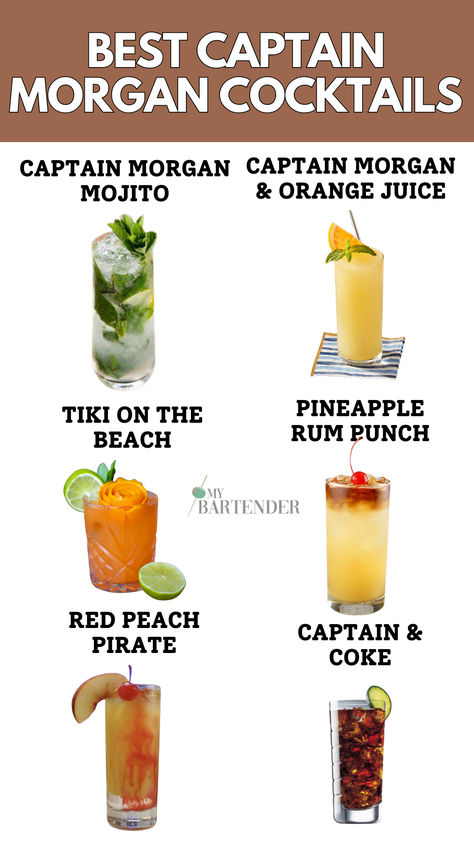 Captain Morgan Cocktails Captain Morgan Halloween Drinks, Captain Morgan Cocktails, Captain Morgan Drinks, Coke Recipes, Vanilla Drinks, Boat Drinks, Orange Juice Drinks, Wedding Alcohol, Spicy Drinks