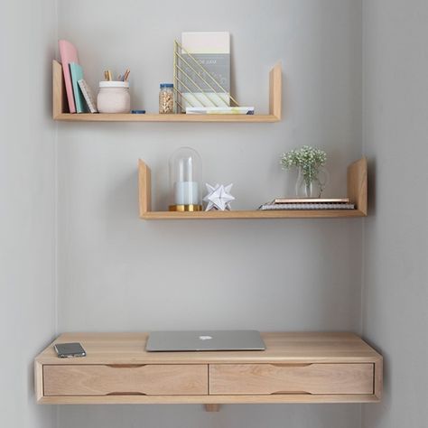 Minimal Desk, Study Table Designs, Study Room Design, Desks For Small Spaces, Floating Desk, Wooden Wall Shelves, Oak Shelves, Diy Office, Oak Desk