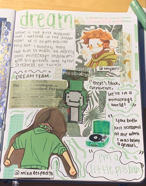 ya its literally just a page off my bullet journal lol Dream Mcyt, Dream Artwork, Minecraft Art, Minecraft Fan Art, Creative Journal, Anime Canvas, Bullet Journal Ideas Pages, Scrapbook Journal, Dream Art