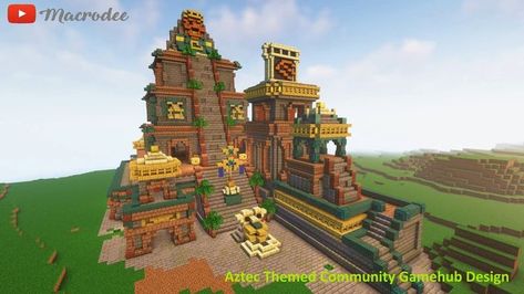 Aztec Themed Community Game Hub Design [Minecraft] Minecraft Mayan City, Minecraft Aztec House, Aztec Minecraft Build, Mayan Minecraft, Minecraft Aztec Builds, Minecraft Aztec, Aztec Jungle, Minecraft Pyramid, Aztec Architecture