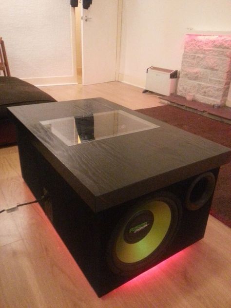 My Ikea coffee table had a couple of elbow sized holes in it due to some arm wrestling at a party - so this started off as a need to flip the table top over, when I remembered I had a couple of car subwoofers taking up space in a cupboard! Due to just working with wood, you can pretty much wing this! Diy Boombox, Diy Subwoofer, Diy Hifi, Ikea Coffee Table, Subwoofer Box Design, Table 8, Speaker Box Design, Subwoofer Box, Diy Speakers