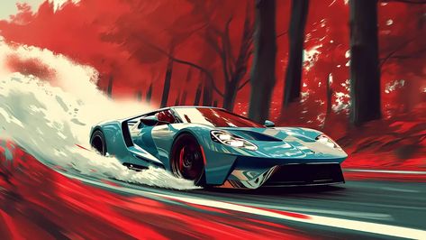 Sports car, racing car illustration, dynamic vehicle art, red forest background - Heroscreen PC Wallpapers 4K Red Forest Wallpaper, Racing Car Illustration, Racing Illustration, Blue Sports Car, Cool Wallpapers 4k, Dynamic Illustration, Neon Car, 4k Wallpapers For Pc, Red Forest