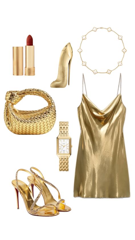 New Years Miami Outfit, Silky Gold Dress, Gold Bachelorette Party Outfit, Golden Bachelorette Party, Gold Outfit Party, Gold Aesthetic Outfit, Golden Birthday Outfit, Gold Outfit Aesthetic, Mini Jodie Outfit