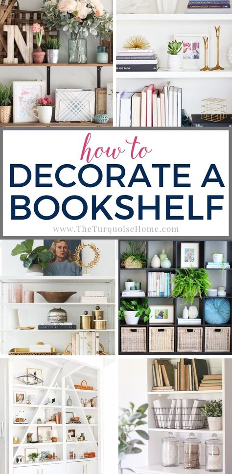 Decorate Office At Work, Decorate My Office At Work, Bookshelf Styling Ideas, How To Decorate A Bookshelf, Office Bookshelf Decor, Decorate A Bookshelf, Shelf Decorating, Styling Bookshelves, Decorating Rules