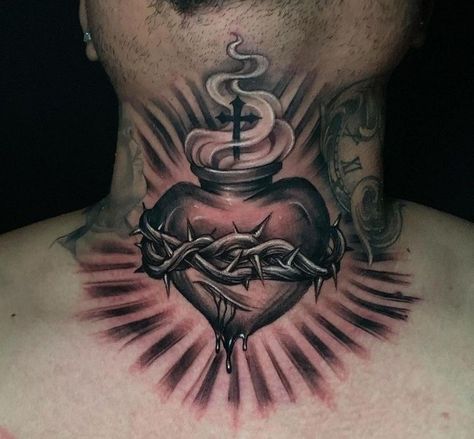 No Heart Tattoo, Neck Tattoo Cross, Chicano Neck Tattoos, Angel Neck Tattoo For Men, Throat Tattoo Men, Mens Neck Tattoos, Neck And Throat Tattoos Men, Forearm Cover Up Tattoos, Sacred Tattoo