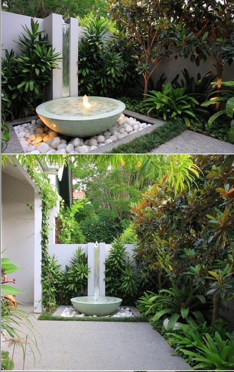 Water Feature In Front Of House, Modern Garden Fountain Ideas, Florida Zen Garden, Modern Fountain Front Yard, Front Yard Fountain, Zen Water Fountain, Garden Design Outdoor, Outdoor Garden Design, Landscape Design Ideas