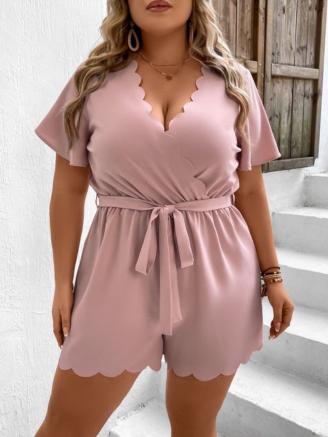 Short African Dresses, Midsize Fashion, Belted Romper, Future Wardrobe, Plus Size Romper, Scallop Trim, Pink Fits, Plain Shirt, Playsuit Romper