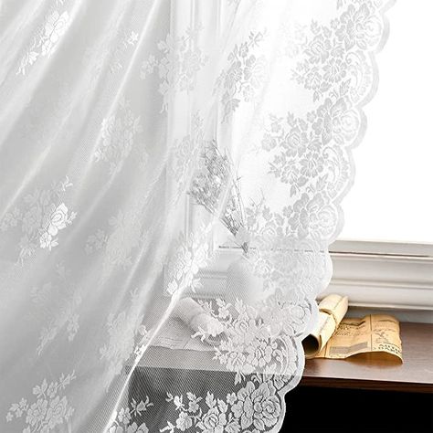 Amazon.com: Kotile Ivory Lace Curtains 96 Inches Long - Country Floral Vintage Lace Window Curtains for Living Room, Premium Scalloped Floral Sheer Lace Curtain Panels, 52 x 96 Inch, 2 Panels, Ivory/Cream : Home & Kitchen Sheer Lace Curtains, Embroidery Country, Black Sheer Curtains, White Lace Curtains, Vintage Lace Curtains, Lace Curtain Panels, Kitchen Window Curtains, Lace Window, Decorative Curtain Rods