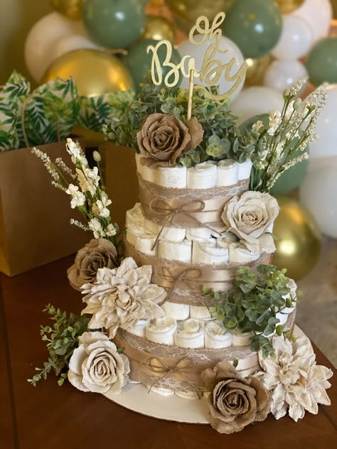 Neutral Woodsy Decor, Diaper Cake Alternative, How To Floral Arrangements Diy, Diaper Cake Fall Theme, Woodland Shower Cake, Baby Shower Earthy Theme, Rustic Baby Shower Ideas Girl, Mushroom Diaper Cake, Neutral Diaper Cake Ideas