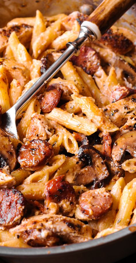 Cajun Chicken And Sausage Pasta, Chicken And Sausage Pasta, Cajun Chicken And Sausage, Sausage Pasta Recipe, Creamy Cajun Chicken Pasta, Smoked Sausage Pasta, Creamy Cajun Chicken, Chicken And Sausage, Cajun Pasta