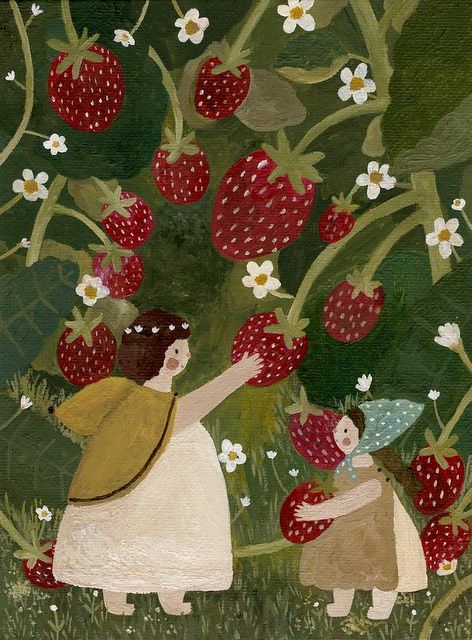 Josie Wren Art, Josie Wren, Strawberry Picking, Images Kawaii, Fairytale Art, Funky Art, Wren, Whimsical Art, Cute Illustration