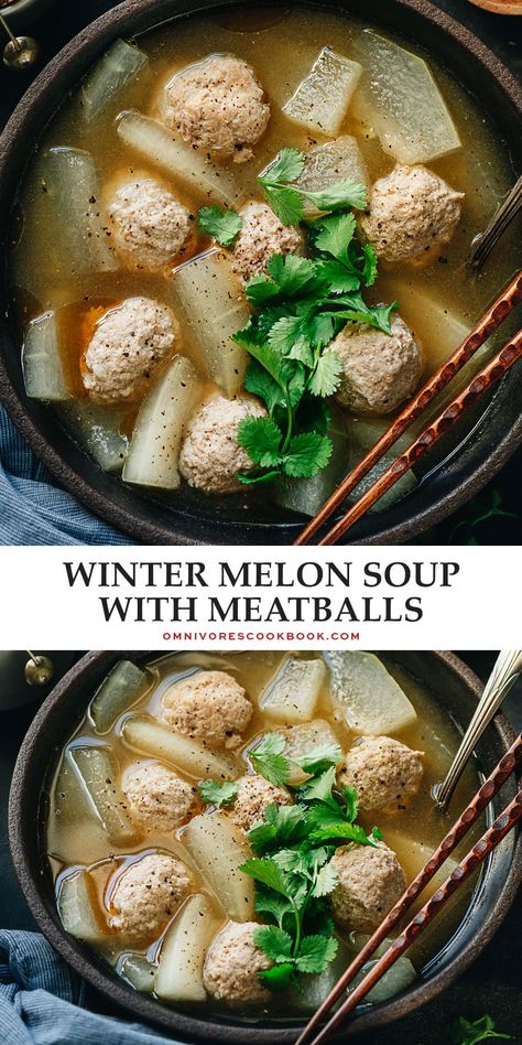 Winter melon soup is a soothing and comforting dish that is indispensable during the cold winter months. The winter melon is cooked in a fragrant broth until tender, with extra juicy pork meatballs that have a melt-in-your-mouth texture.The soup is very easy to prepare and tastes especially fulfilling. {Gluten-Free Adaptable} Melon Diet, Soup With Meatballs, Winter Melon Soup, Asian Soup Recipes, Chinese Soup Recipes, Melon Soup, Light Soups, Winter Melon, Pork Meatballs