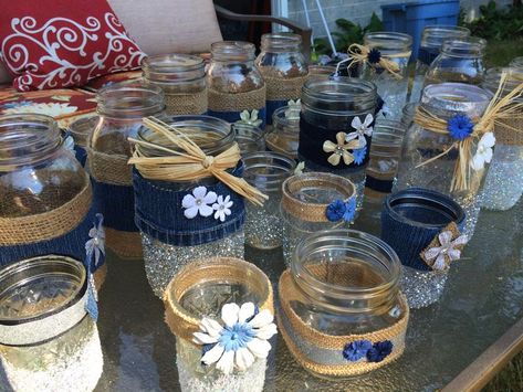 Denim and Diamonds Table Decorations | little bit of denim , a little burlap and alotta BLING! Diamonds Outfit, Diamonds And Denim Party, Diamond Theme, Denim Party, Denim Wedding, Bling Party, Gala Ideas, Diamond Party, Denim And Diamonds