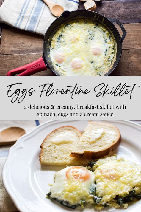 This skillet Eggs Florentine is a delicious, creamy baked eggs with veggies breakfast that is simple to make and perfect for a cozy weekend morning. Baked Egg Florentine, Unique Egg Recipes, Florentine Eggs, Eggs Florentine Recipe, Creamy Baked Eggs, Egg Florentine, Eggs With Veggies, Veggies Breakfast, Bunny Breakfast