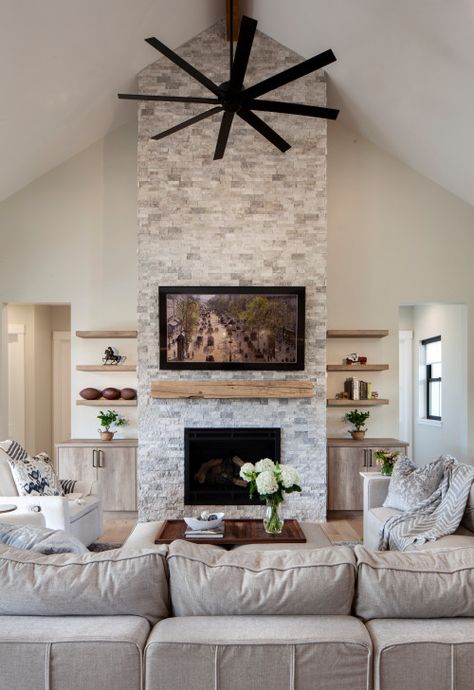 Tv Above Fireplace, Tv Over Fireplace, Tall Fireplace, Vaulted Ceiling Living Room, Retirement House, Linear Fireplace, Living Tv, Fireplace Tv Wall, Living Room Decorating Ideas