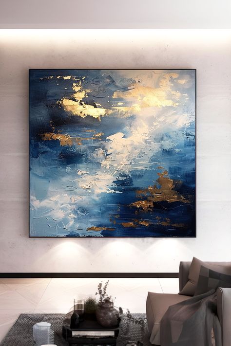 Original handmade acrylic painting with blue and gold abstract design, featuring textured brushstrokes and shimmering accents Abstract Art Blue, Blue Abstract Painting, Blue Abstract Art, Abstract Acrylic Painting, Blue Painting, Handmade Artwork, Canvas Decor, Abstract Painting Acrylic, Art Blue