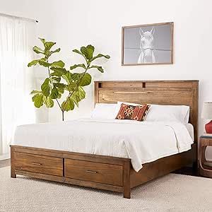 Knocbel Country-Cottage Queen Bed Frame with 2 Drawers, Wood Platform Bed Mattress Foundation with Slats Support & Storage Headboard, 85" L x 64" W x 55" H (Oak) Wooden Queen Bed Frame With Drawers, Wood Bed Frame With Drawers, Queen Wood Bed Frame, Storage Bed Queen, Cama Queen Size, Eastern King Bed, Storage Headboard, Queen Size Platform Bed, Bed Wood